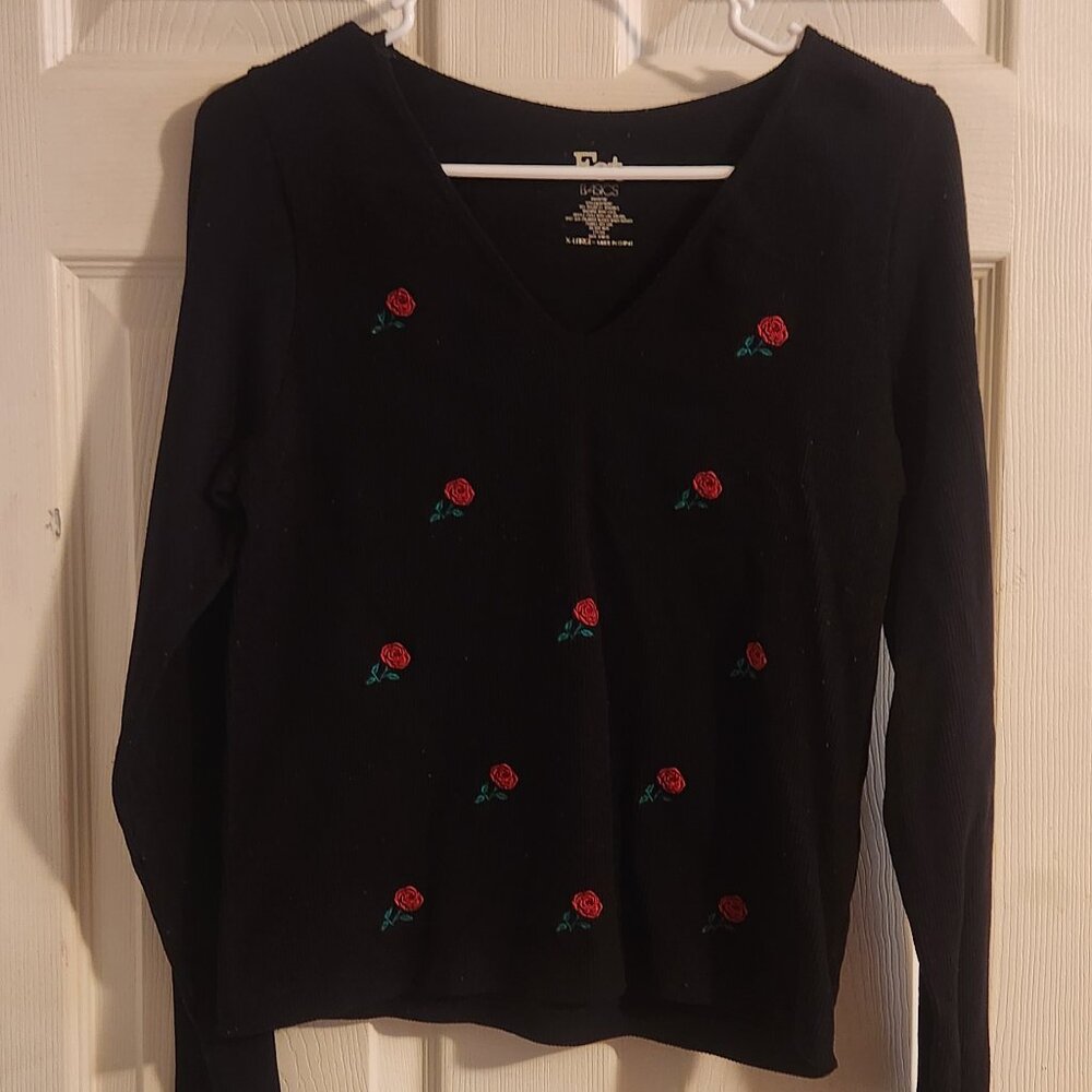 Fresh Basics Black V-Neck Long Sleeve Top with Rose Embroidery